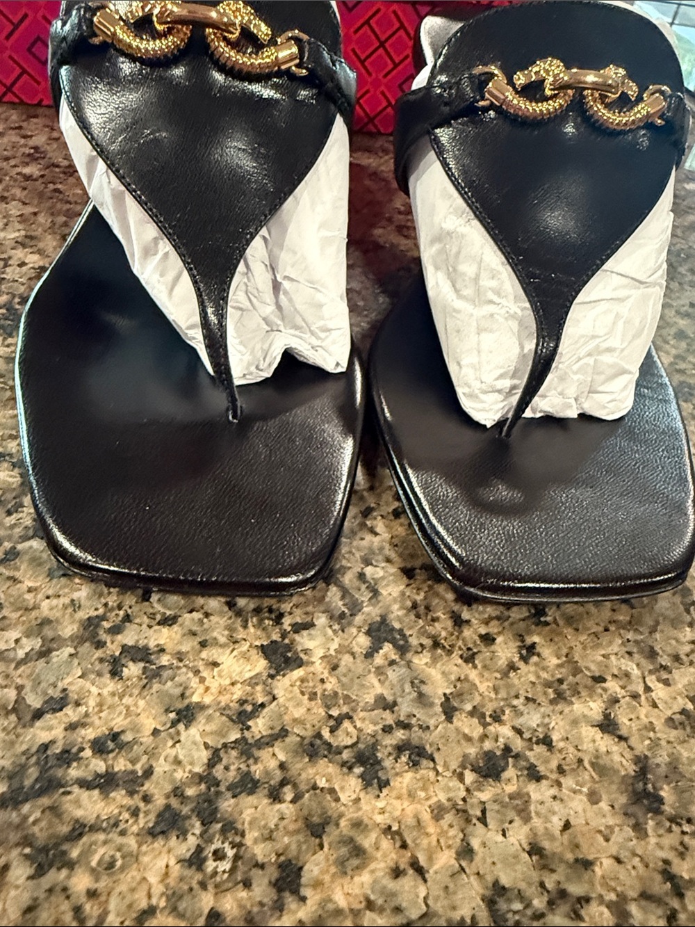 Tory Burch Black Leather Thong Sandals with Gold Chain Accent - Picture 4 of 6